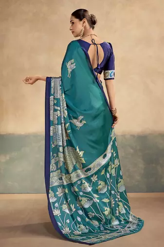 Firozi printed satin silk saree with unstitched blouse