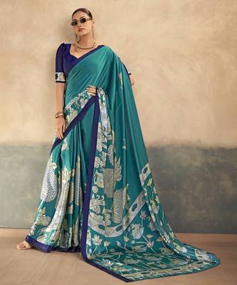 Firozi printed satin silk saree with unstitched blouse 4