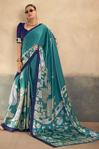 Firozi printed satin silk saree with unstitched blouse