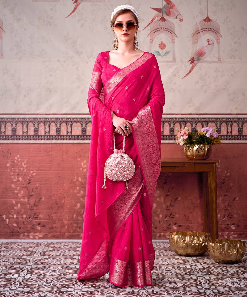  chinon self print saree with zari woven design