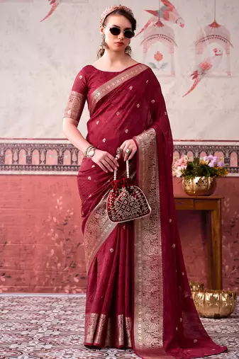  chinon self print saree with zari woven design