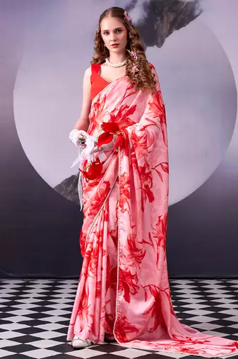  satin silk saree with floral print