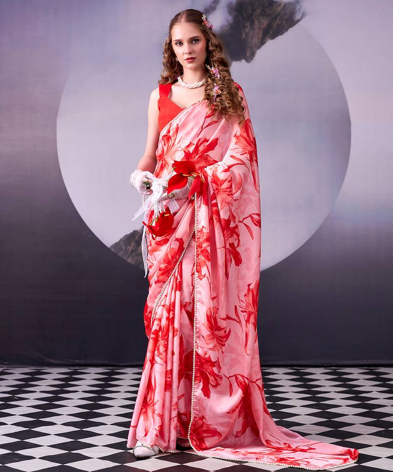  satin silk saree with floral print