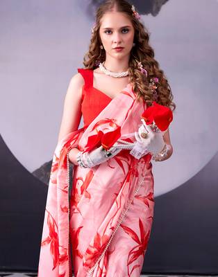  satin silk saree with floral print 2