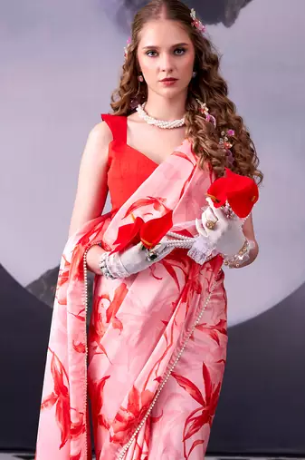  satin silk saree with floral print