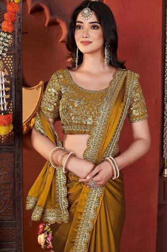 Designer yellow heavy embroidered silk blend party wear saree with blouse