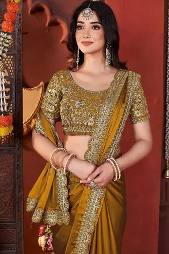 Designer yellow heavy embroidered silk blend party wear saree with blouse