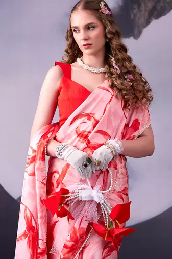  satin silk saree with floral print