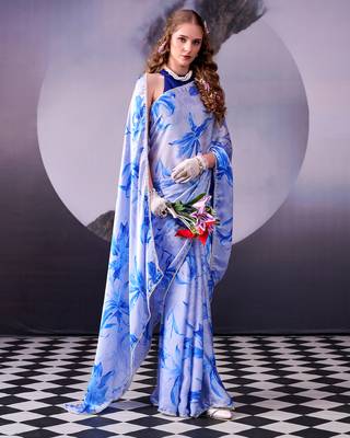  satin silk saree with floral print 1