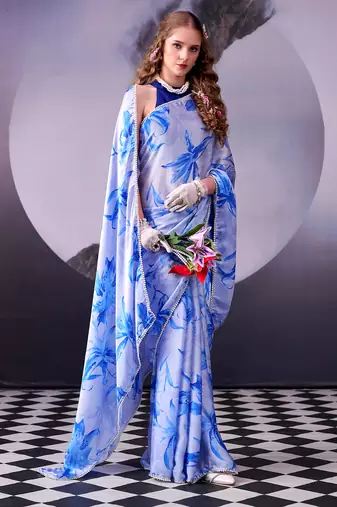  satin silk saree with floral print