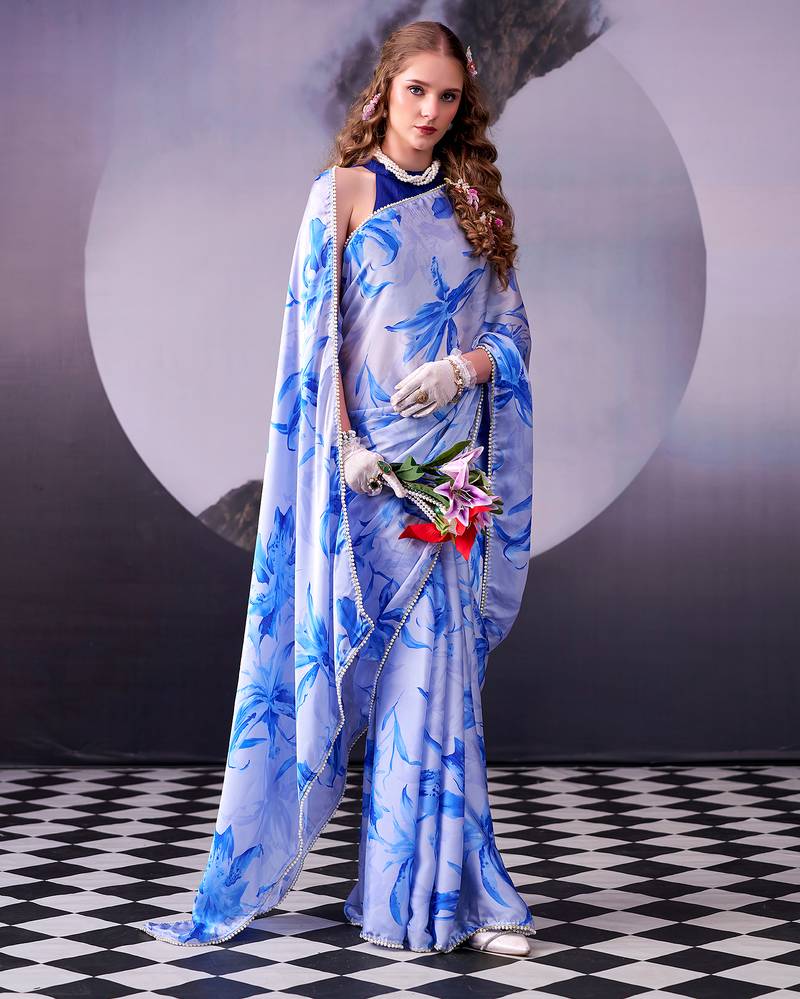  satin silk saree with floral print