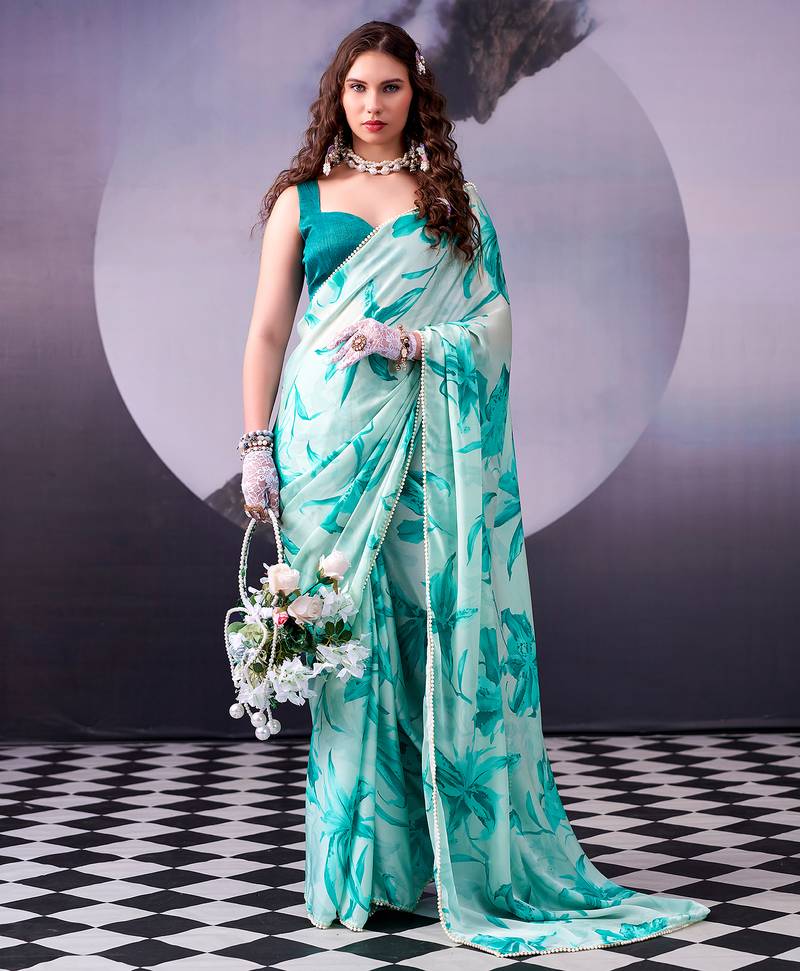  satin silk saree with floral print