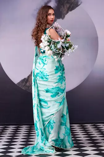 satin silk saree with floral print