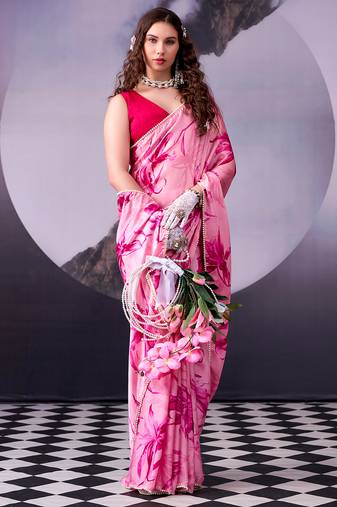 Traditional satin silk saree with floral print