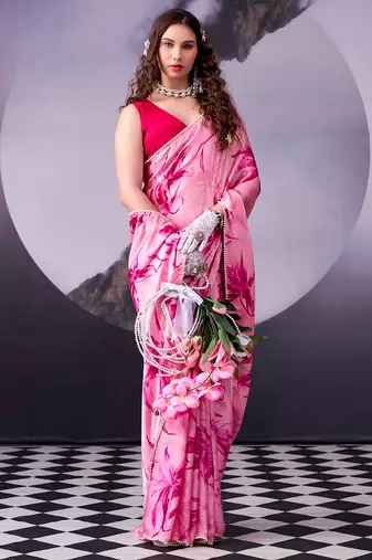 satin silk saree with floral print