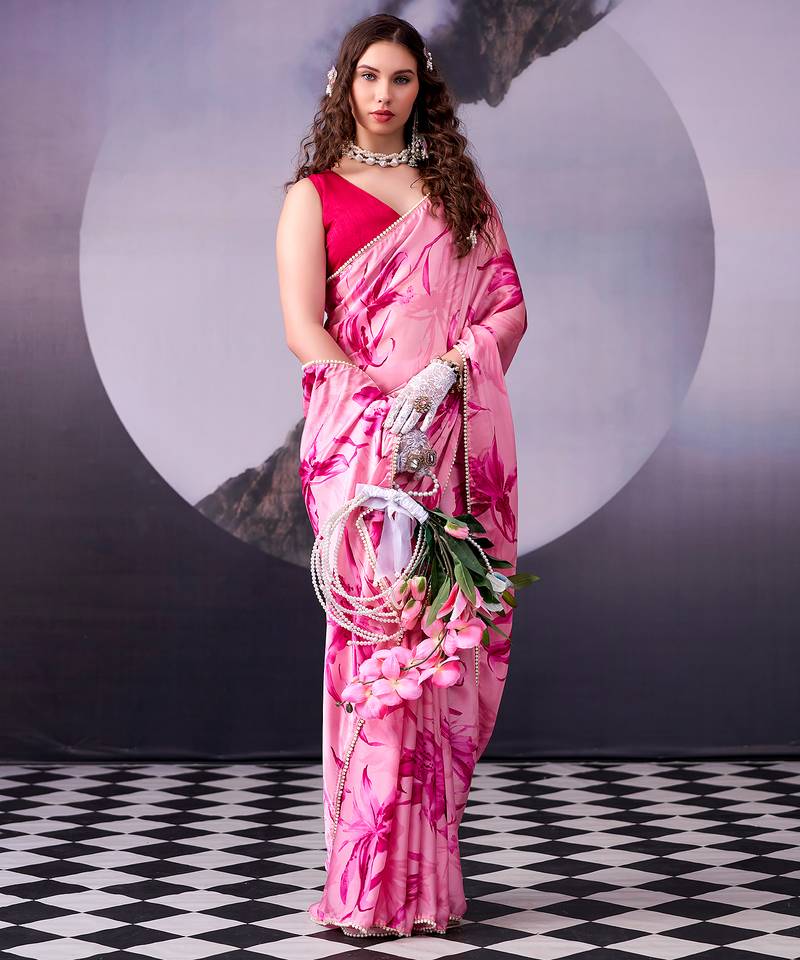  satin silk saree with floral print