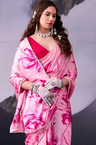  satin silk saree with floral print