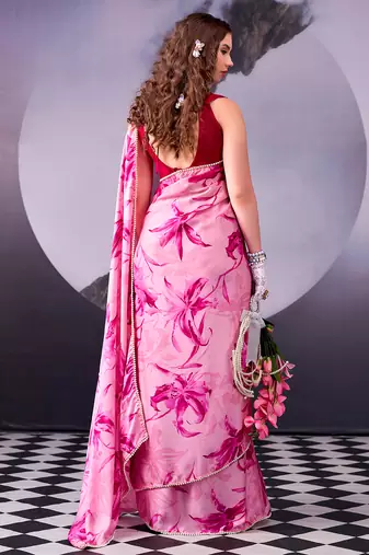  satin silk saree with floral print