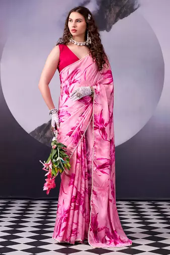  satin silk saree with floral print