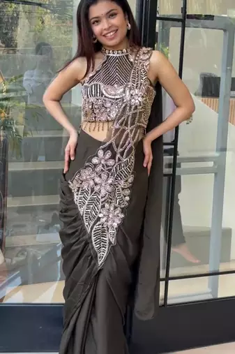 Black Color Embroidered,Thread & Beads Work Work Rangoli Silk Ready To Wear Saree