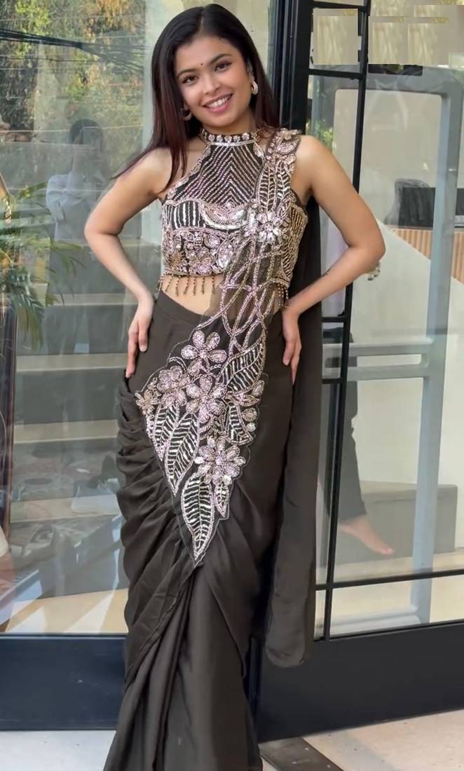 Black Color Embroidered,Thread & Beads Work Work Rangoli Silk Ready To Wear Saree