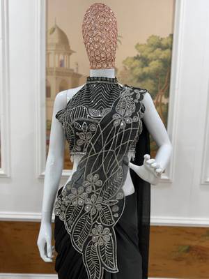 black embroidered,thread & beads work work rangoli silk ready made saree 2