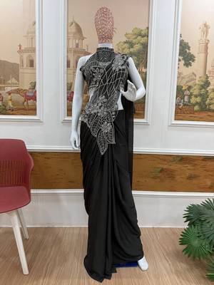 black embroidered,thread & beads work work rangoli silk ready made saree 3