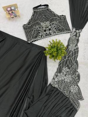 black embroidered,thread & beads work work rangoli silk ready made saree 4