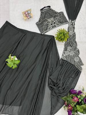 black embroidered,thread & beads work work rangoli silk ready made saree 5