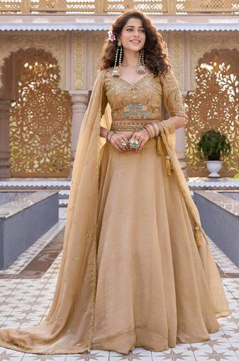 Chikoo Color Embroidery moti with Sequence & Thred Work Silk Lahenga Choli Set