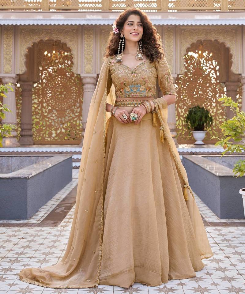 Chikoo Color Embroidery moti with Sequence & Thred Work Silk Lahenga Choli Set