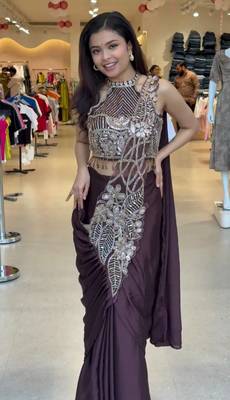 wine embroidered,thread & beads work work rangoli silk pre-stitched saree 1