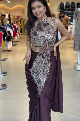 Wine Color Embroidered,Thread & Beads Work Work Rangoli Silk Ready To Wear Saree