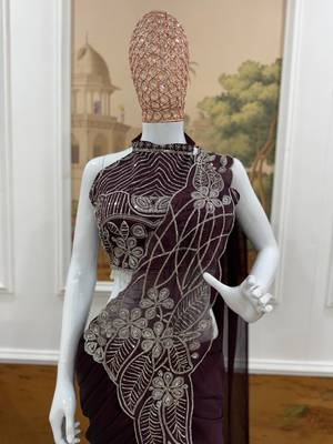 wine embroidered,thread & beads work work rangoli silk pre-stitched saree 2