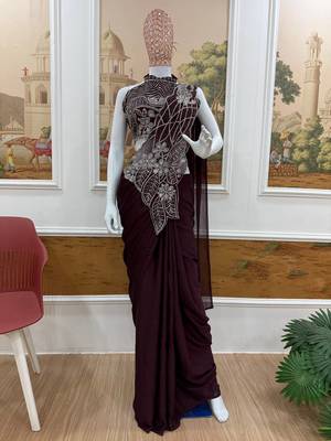 wine embroidered,thread & beads work work rangoli silk pre-stitched saree 3