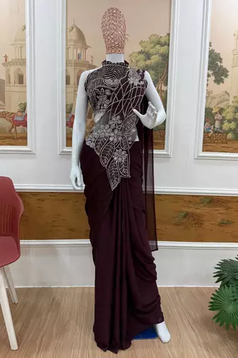 wine embroidered,thread & beads work work rangoli silk pre-stitched saree