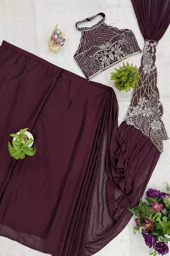 wine embroidered,thread & beads work work rangoli silk pre-stitched saree