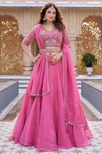 Pink Color Embroidery moti with Sequence & Thred Work Silk Lahenga Choli Set