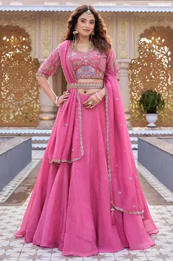 Pink Color Embroidery moti with Sequence & Thred Work Silk Lahenga Choli Set