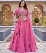 Pink Color Embroidery moti with Sequence & Thred Work Silk Lahenga Choli Set