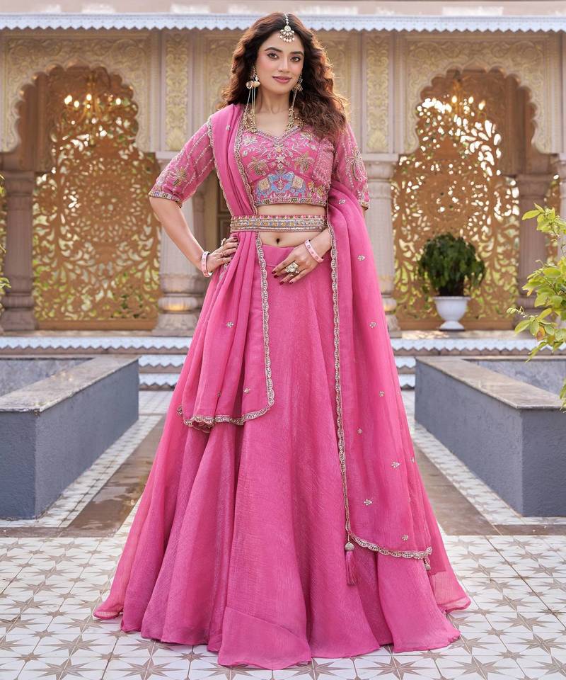 Pink Color Embroidery moti with Sequence & Thred Work Silk Lahenga Choli Set