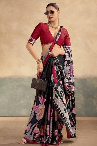 Red printed satin silk saree with unstitched blouse