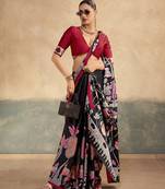 Red printed satin silk saree with unstitched blouse