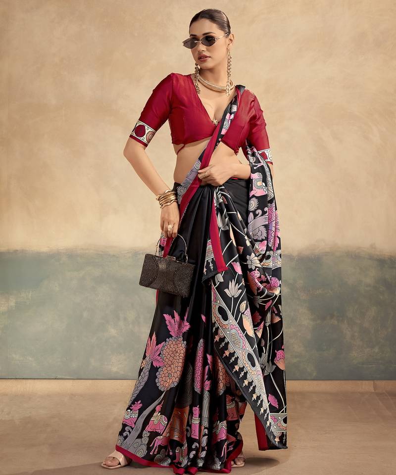 Red printed satin silk saree with unstitched blouse