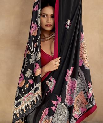 Red printed satin silk saree with unstitched blouse 2