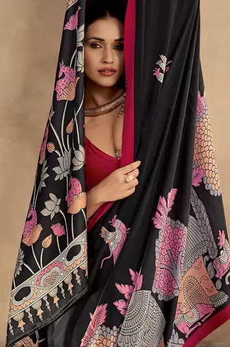 Red printed satin silk saree with unstitched blouse