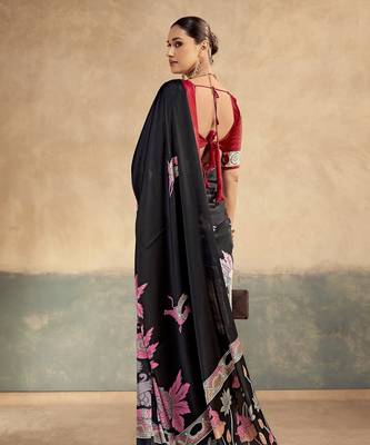 Red printed satin silk saree with unstitched blouse 3