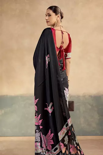 Red printed satin silk saree with unstitched blouse