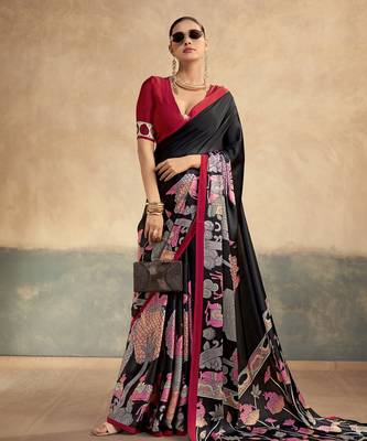 Red printed satin silk saree with unstitched blouse 4