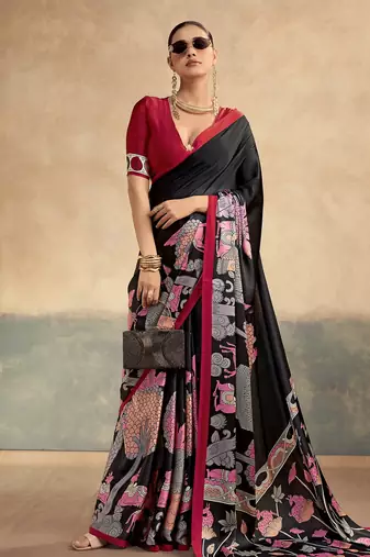 Red printed satin silk saree with unstitched blouse